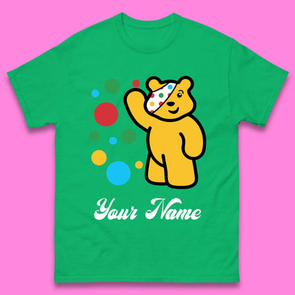 Personalised Spotty Pudsey Bear Hand Waving Dotty Spot Your Name Fundraising Spotty Bear Spotty Day Mens Tee Top