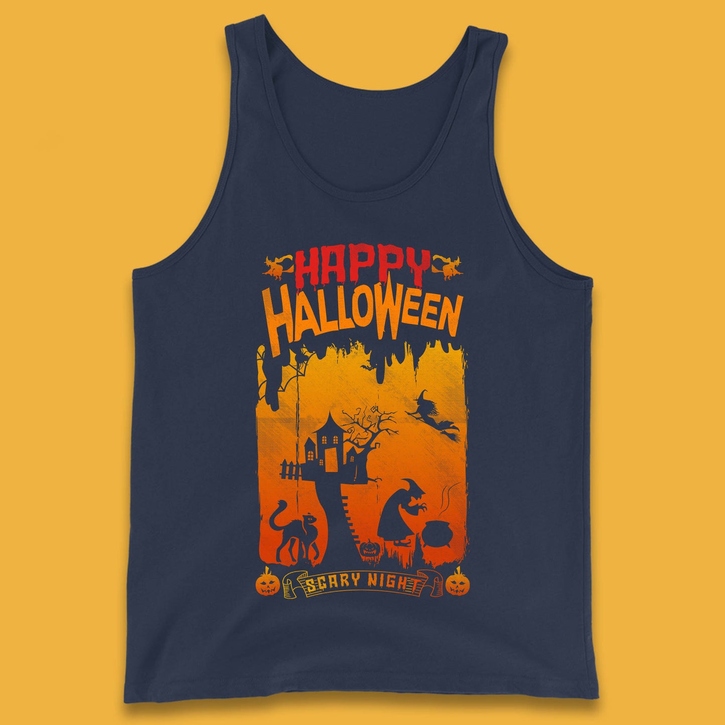 Happy Halloween Horror Hunted House Flying Witch Scary Spooky Night Tank Top