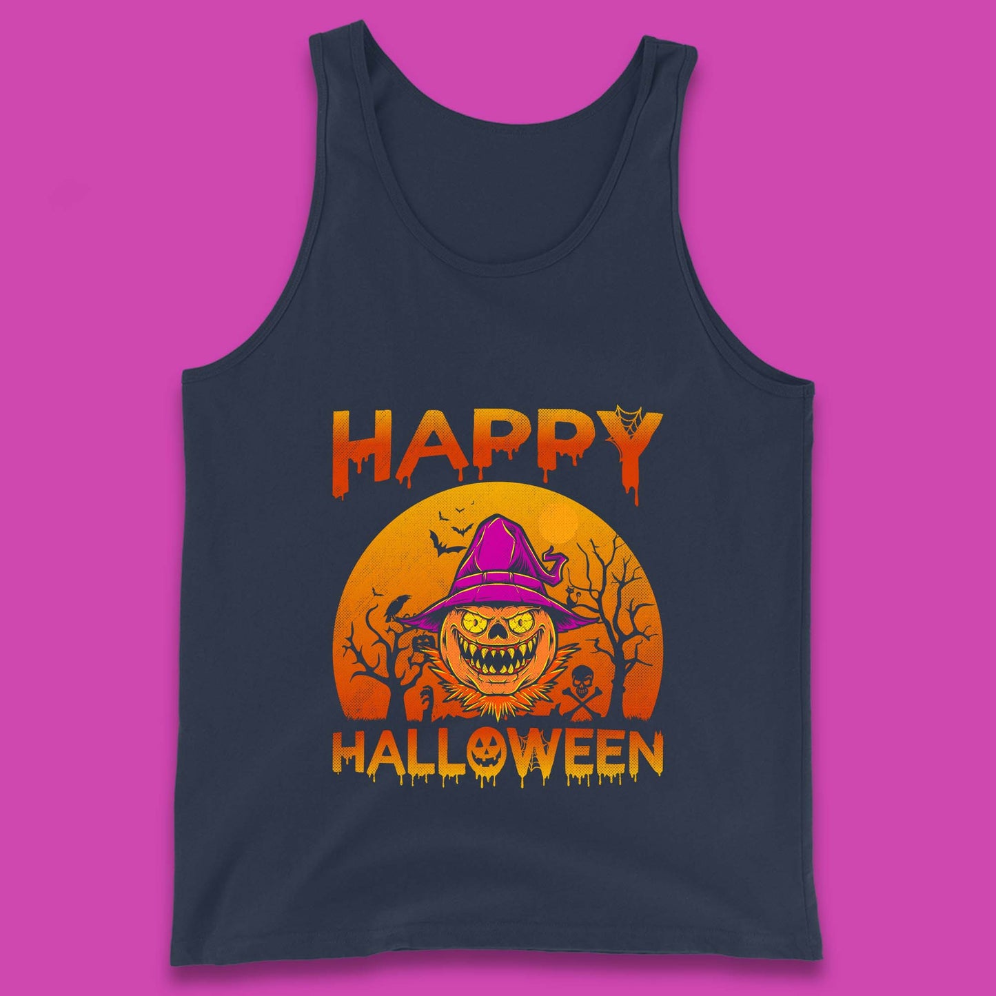 Happy Halloween Monster Pumpkin With Witch Hat Horror Scary Spooky Season Tank Top