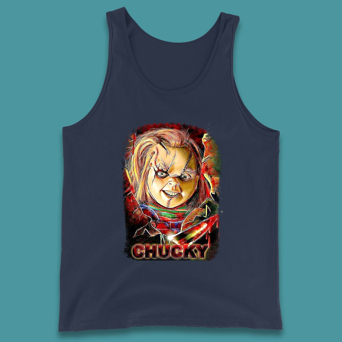 Chucky Distressed Childs Play Horror Monster Creepy Doll Toy Scary Halloween Scary Movie Character Tank Top