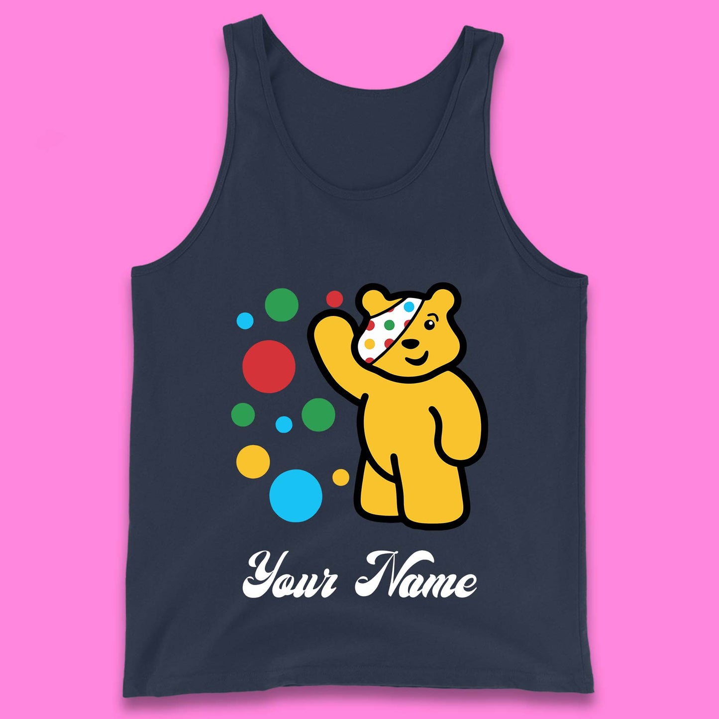 Personalised Spotty Pudsey Bear Hand Waving Dotty Spot Your Name Fundraising Spotty Bear Spotty Day Tank Top