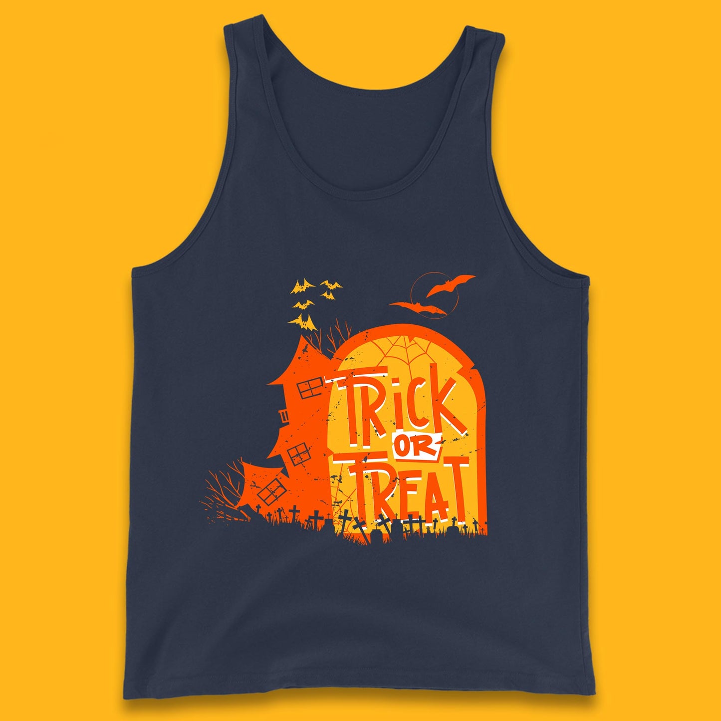 Trick Or Treat Halloween Terrific Abandoned Haunted House Flying Bats Tank Top