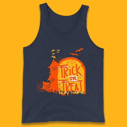 Trick Or Treat Halloween Terrific Abandoned Haunted House Flying Bats Tank Top