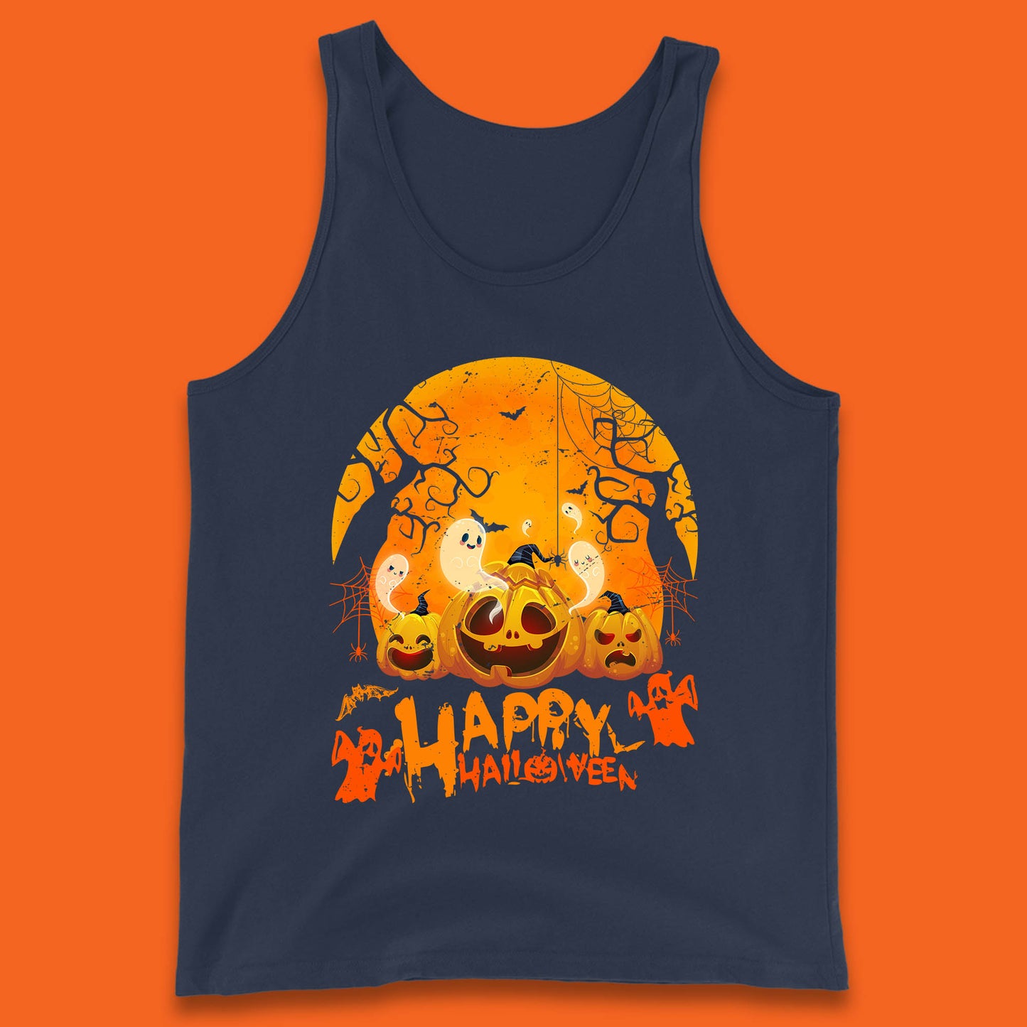 Happy Halloween Jack O Lantern Pumpkins Scary Boo Ghost Haunted Trees Tank Top