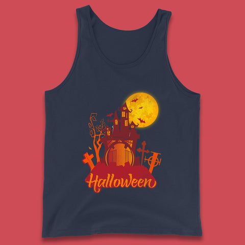 Halloween Lettering With Full Moon Scary Haunted House Flying Bats Horror Graveyard Tank Top