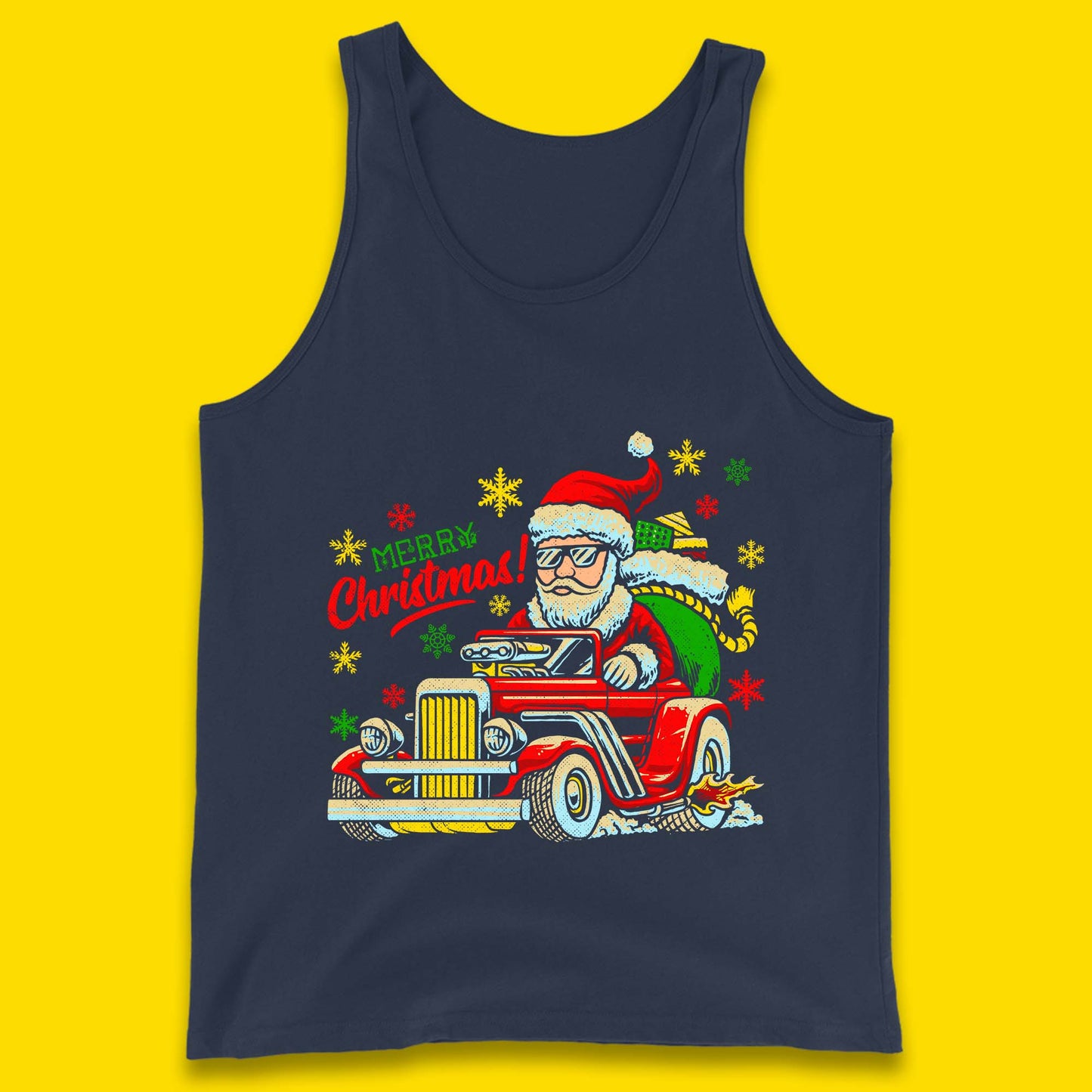 santa drives a hot rod car tank top