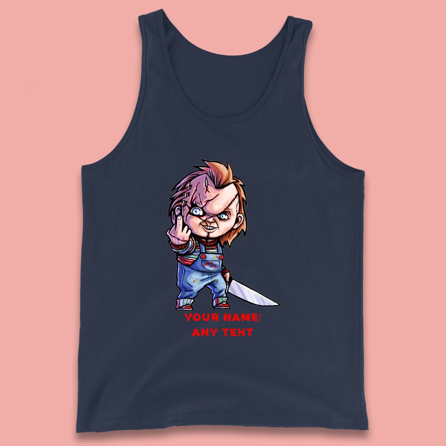 Personalised Chucky With Knife Your Name Or Text Halloween Horror Movie Character Tank Top