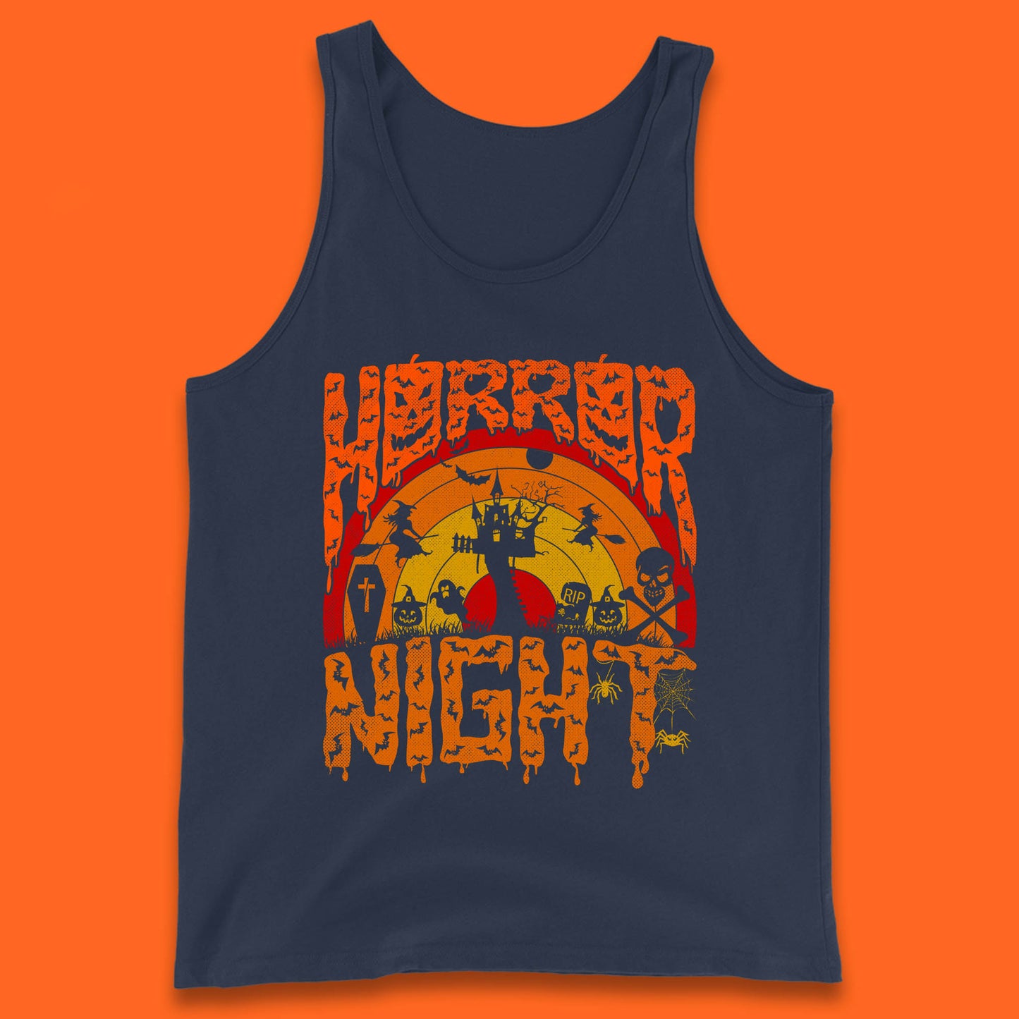 Halloween Horror Night Vintage Rainbow Flying witches Scary Boo Spooky Festive Night Tank Top
