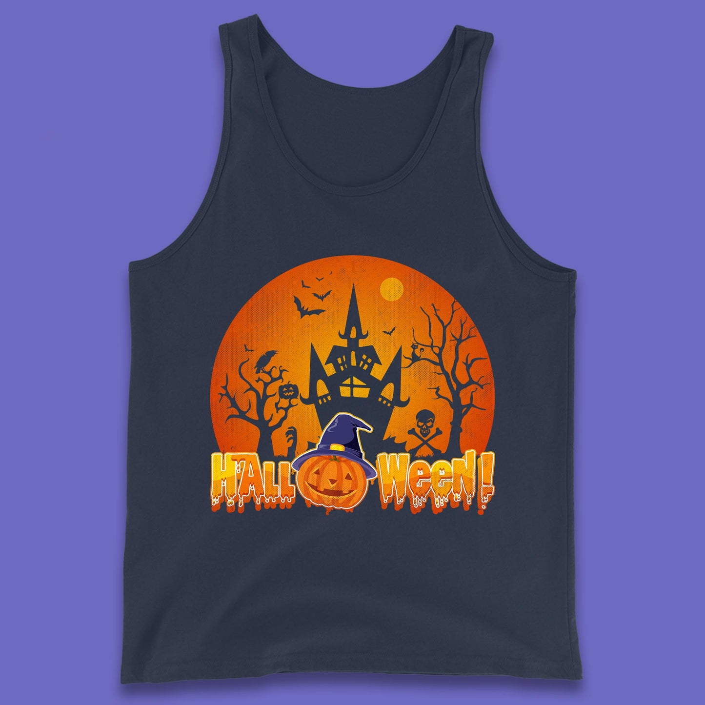Halloween Pumpkin Witch Hat Haunted Castle Flying Bats Skull Bones Scary Dark Night Tank Top