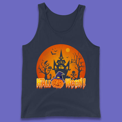 Halloween Pumpkin Witch Hat Haunted Castle Flying Bats Skull Bones Scary Dark Night Tank Top