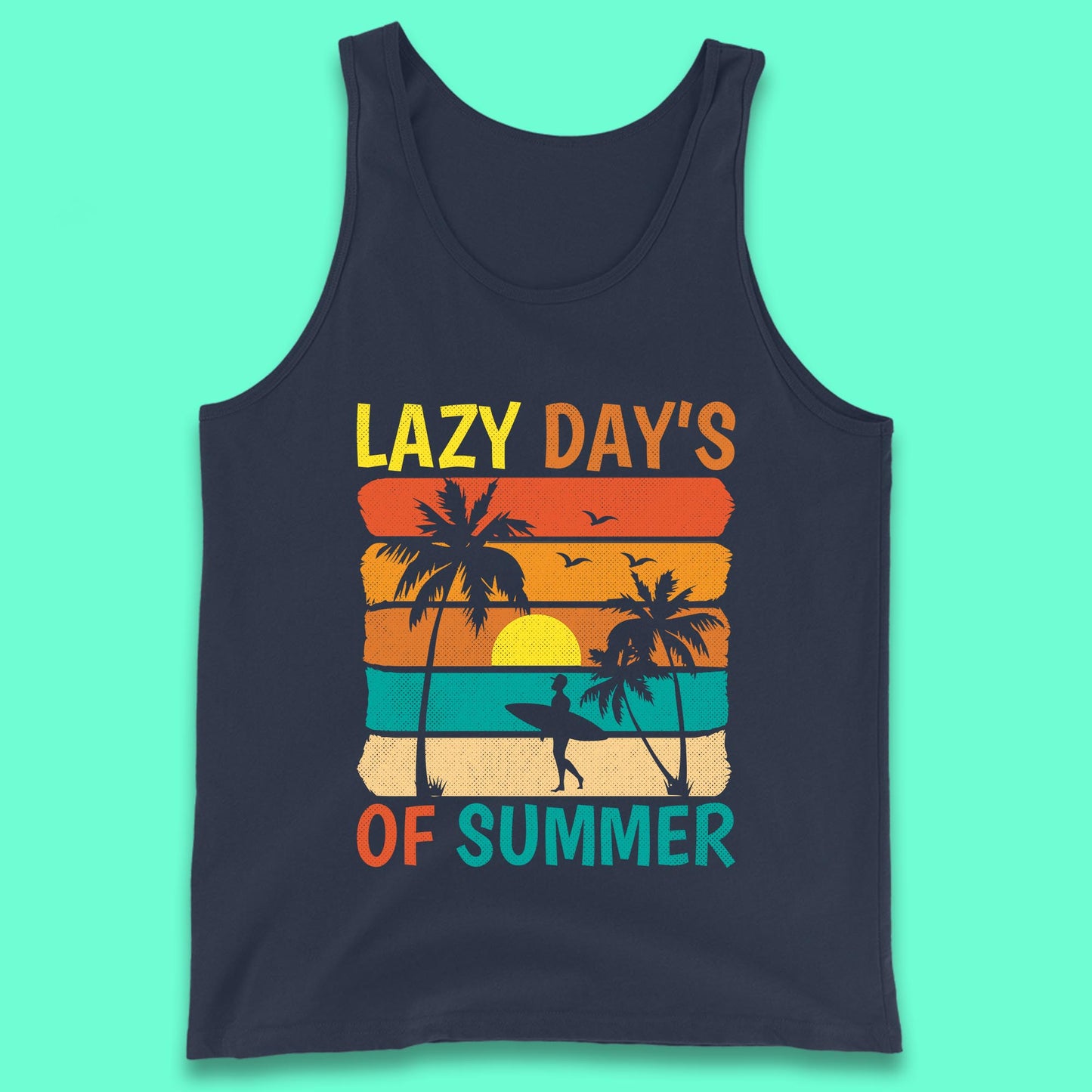 Lazy Days Of Summer Vintage Retro Sunset Surfer Beach Palm Trees Tank Top
