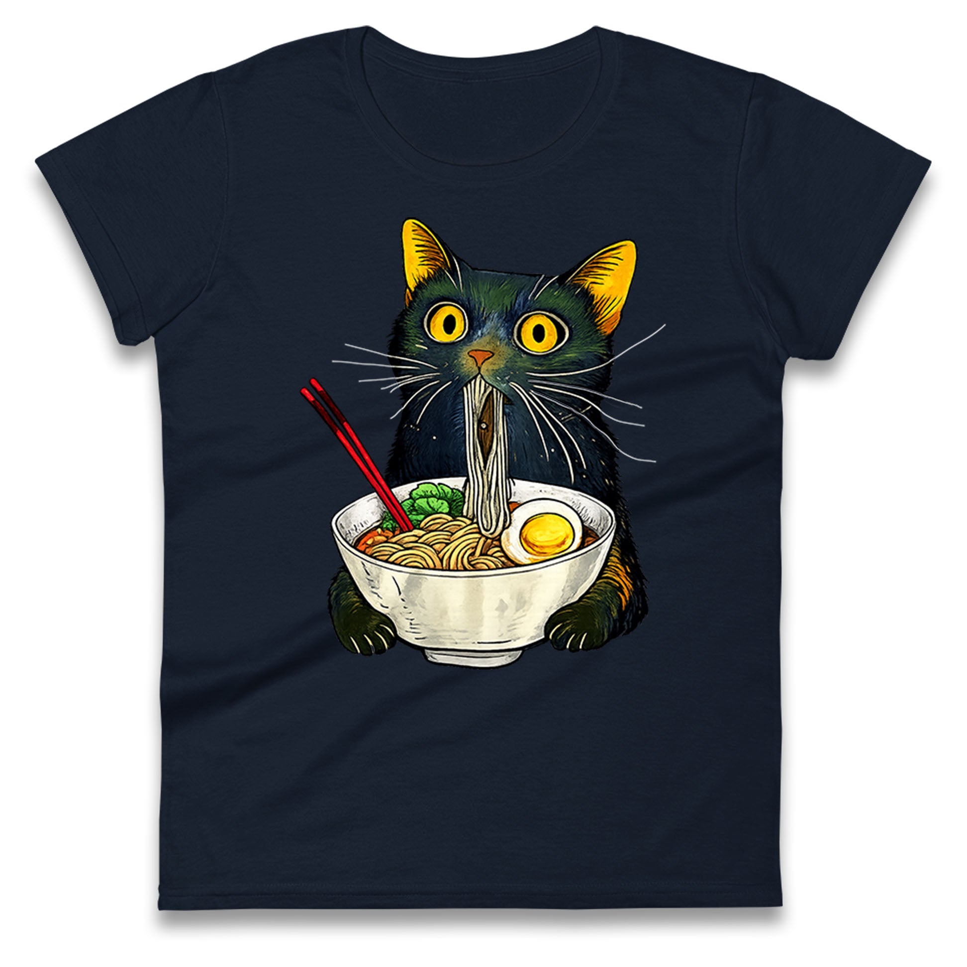 Ramen Noodle Black Cat Foodie Lover Meme Ladies T Shirt