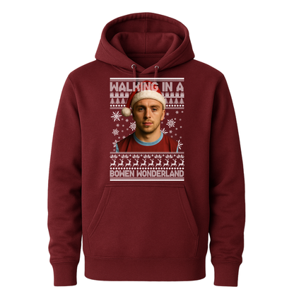Jared Bowen walking in a Bowen Wonderland Christmas kids hoodie