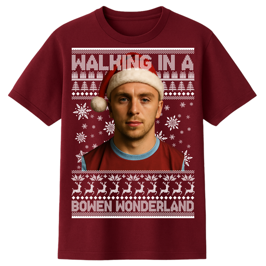 Jared Bowen walking in a Bowen Wonderland Christmas kids t shirt