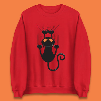 Black Cat Cartoon Scratching Climbing Wall Halloween Horror Scary Black Cat Spooky Season Unisex Sweatshirt