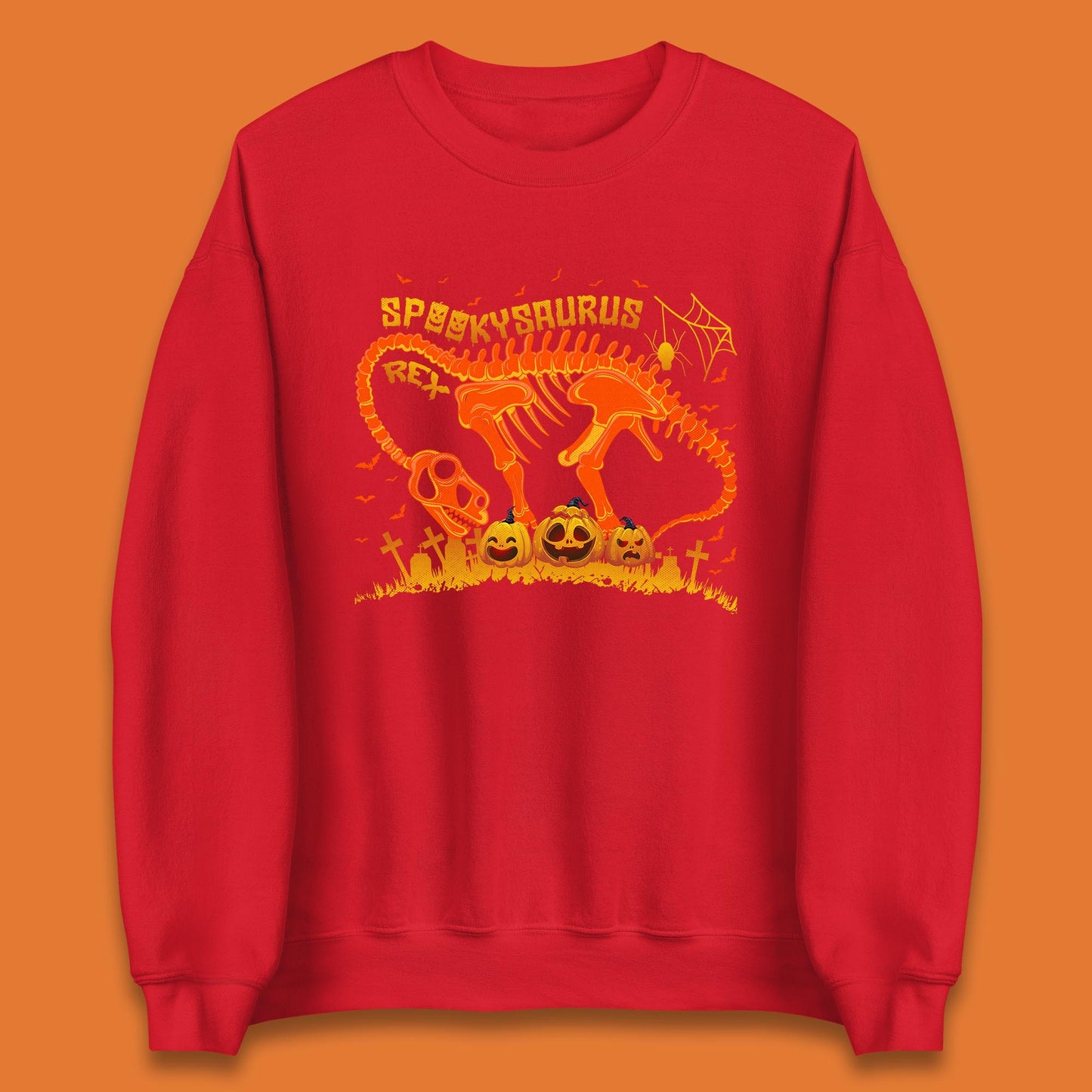 Spooky Saurus Rex Halloween Dinosaur T-Rex Skeleton With Scary Pumpkins Unisex Sweatshirt
