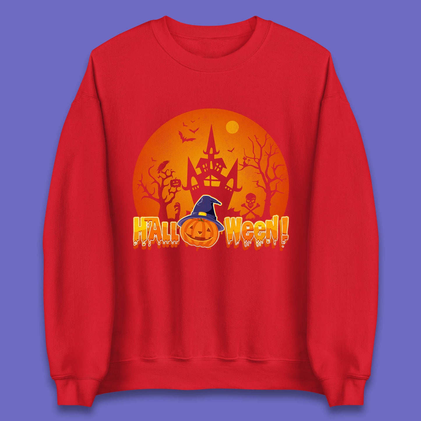 Halloween Pumpkin Witch Hat Haunted Castle Flying Bats Skull Bones Scary Dark Night Unisex Sweatshirt