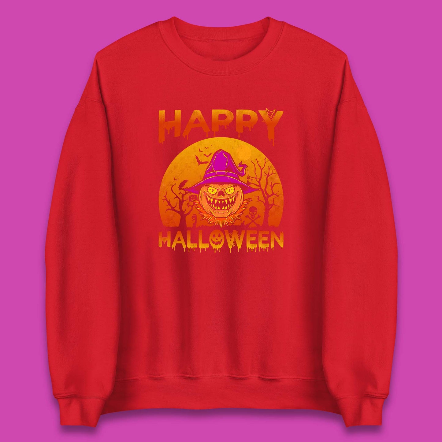 Happy Halloween Monster Pumpkin With Witch Hat Horror Scary Spooky Season Unisex Sweatshirt