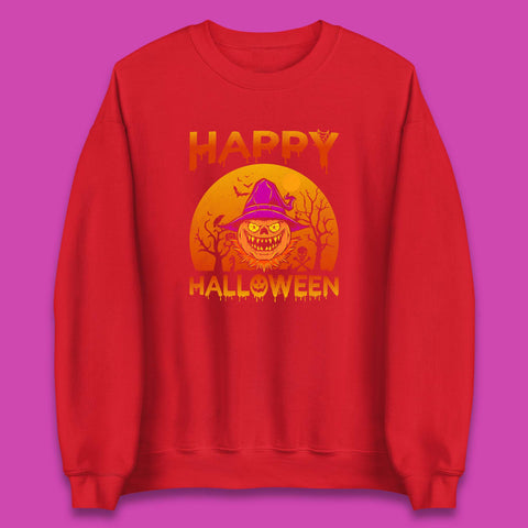 Happy Halloween Monster Pumpkin With Witch Hat Horror Scary Spooky Season Unisex Sweatshirt