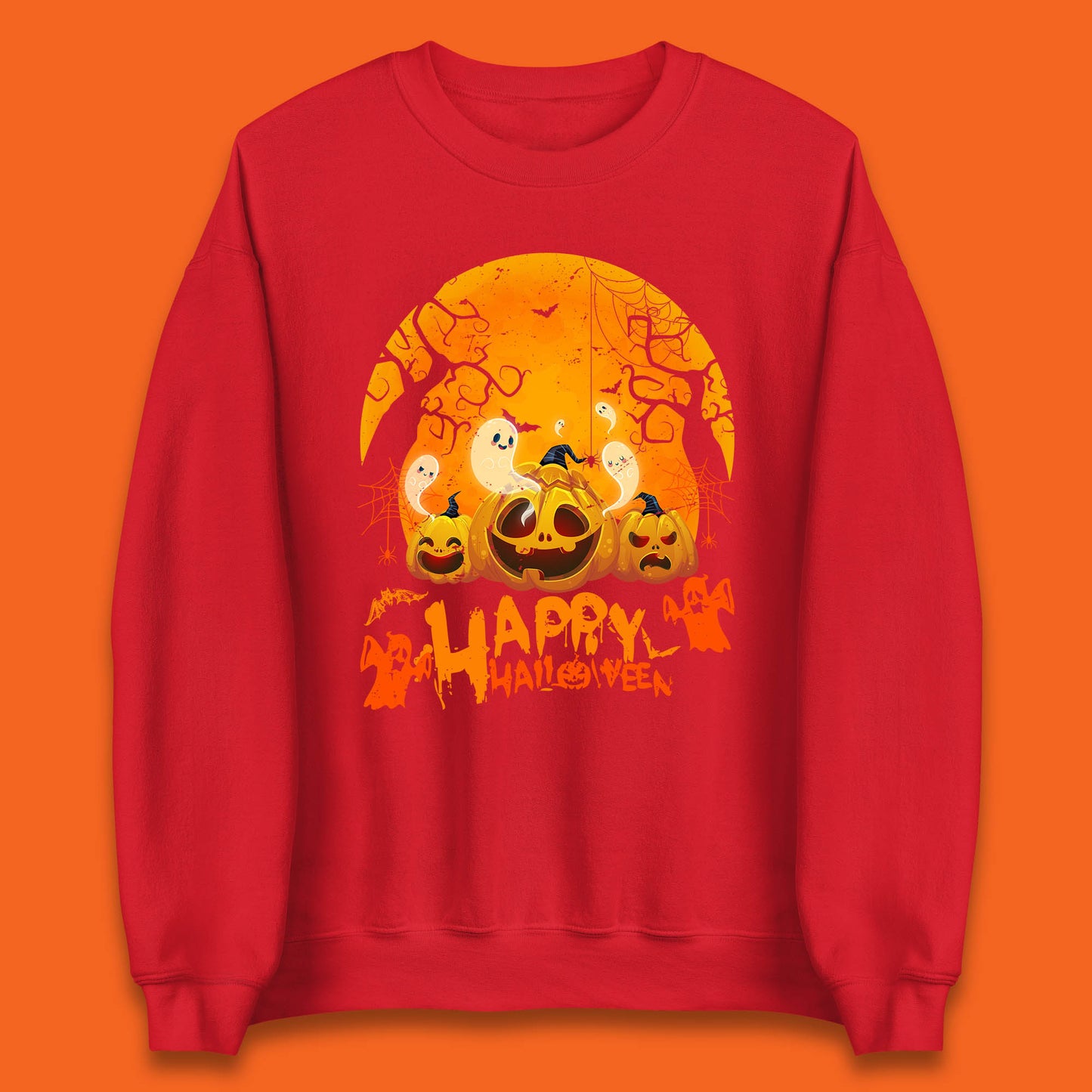 Happy Halloween Jack O Lantern Pumpkins Scary Boo Ghost Haunted Trees Unisex Sweatshirt