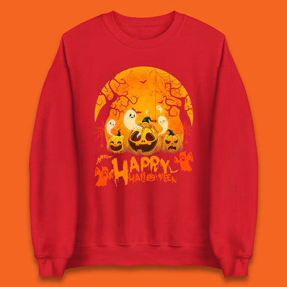 Happy Halloween Jack O Lantern Pumpkins Scary Boo Ghost Haunted Trees Unisex Sweatshirt