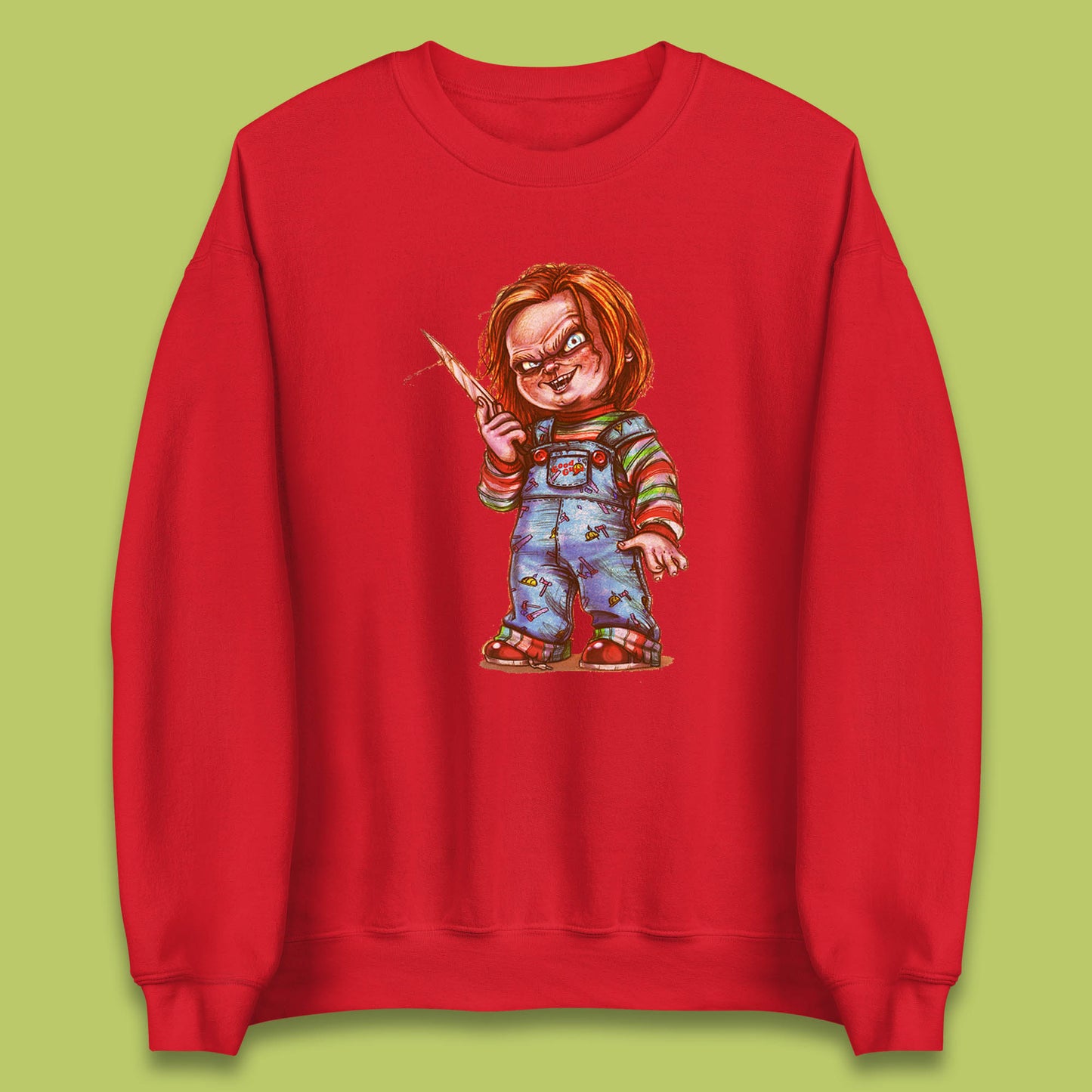 The Horror Movie Character Chucky With Knife Serial Killer Halloween Horror Movie Inspired Chucky Unisex Sweatshirt
