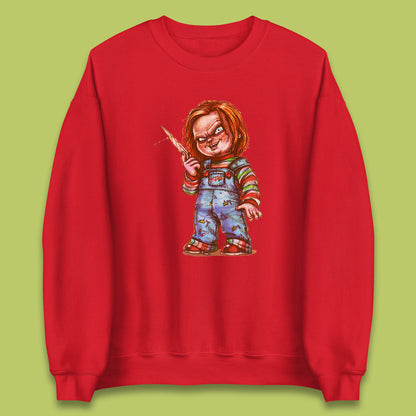 The Horror Movie Character Chucky With Knife Serial Killer Halloween Horror Movie Inspired Chucky Unisex Sweatshirt