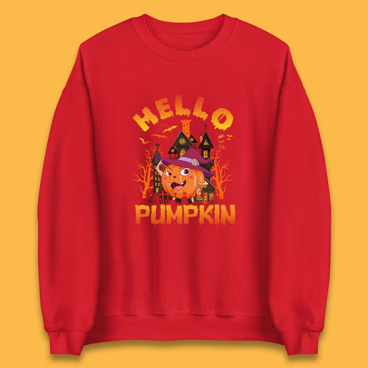 Hello Pumpkin Cartoon Halloween Pumpkin With Witch Hat Devil Smile Haunted Castle Unisex Sweatshirt