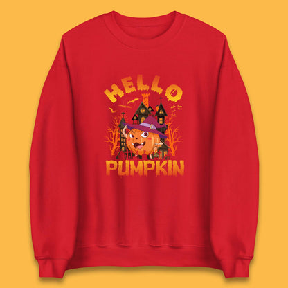 Hello Pumpkin Cartoon Halloween Pumpkin With Witch Hat Devil Smile Haunted Castle Unisex Sweatshirt
