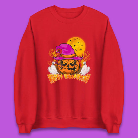 Happy Halloween Pumpkin Witch Hat Jack-o'-lantern With Full Moon Flying Bats Horror Scary Boo Ghost Unisex Sweatshirt