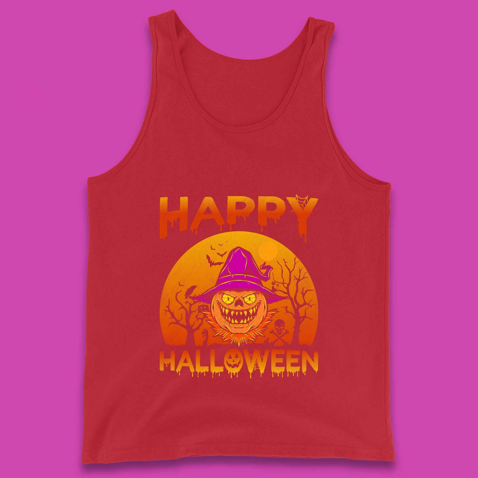 Happy Halloween Monster Pumpkin With Witch Hat Horror Scary Spooky Season Tank Top