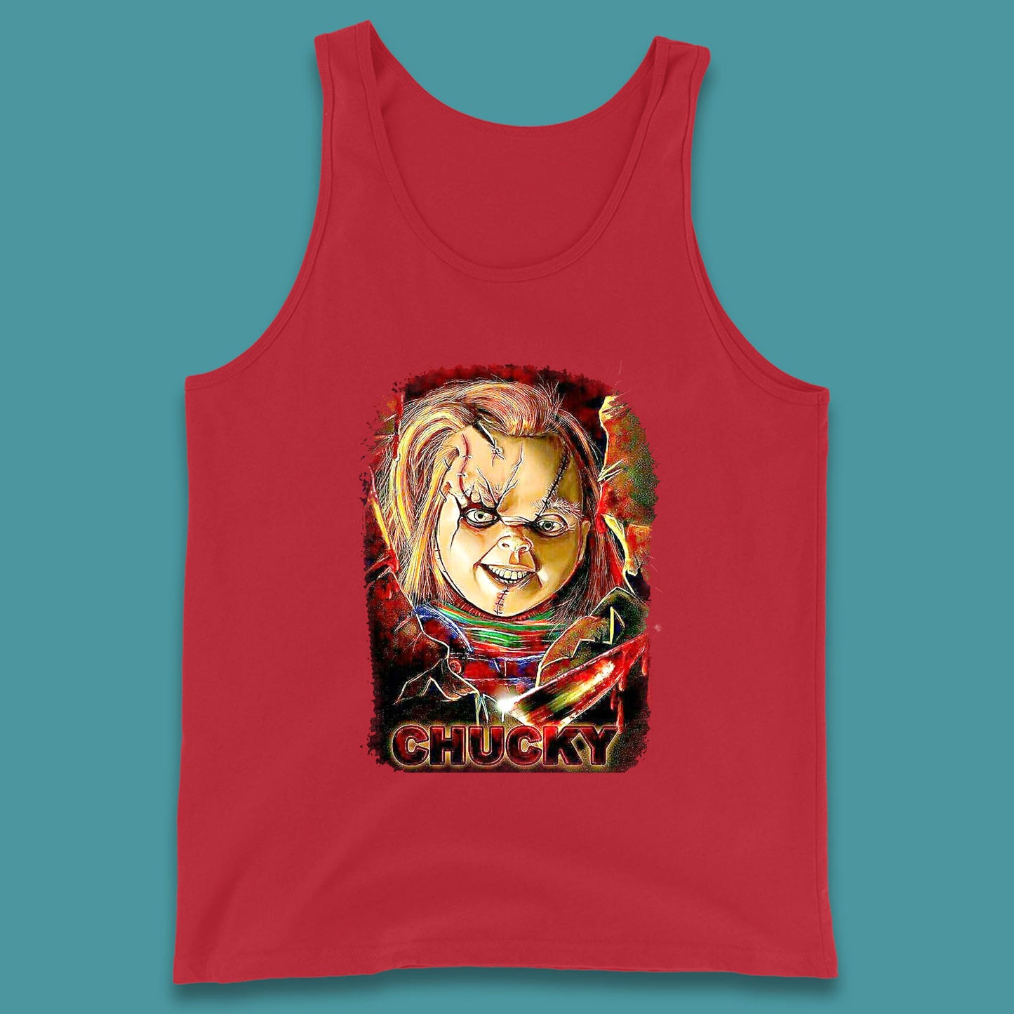 Chucky Distressed Childs Play Horror Monster Creepy Doll Toy Scary Halloween Scary Movie Character Tank Top