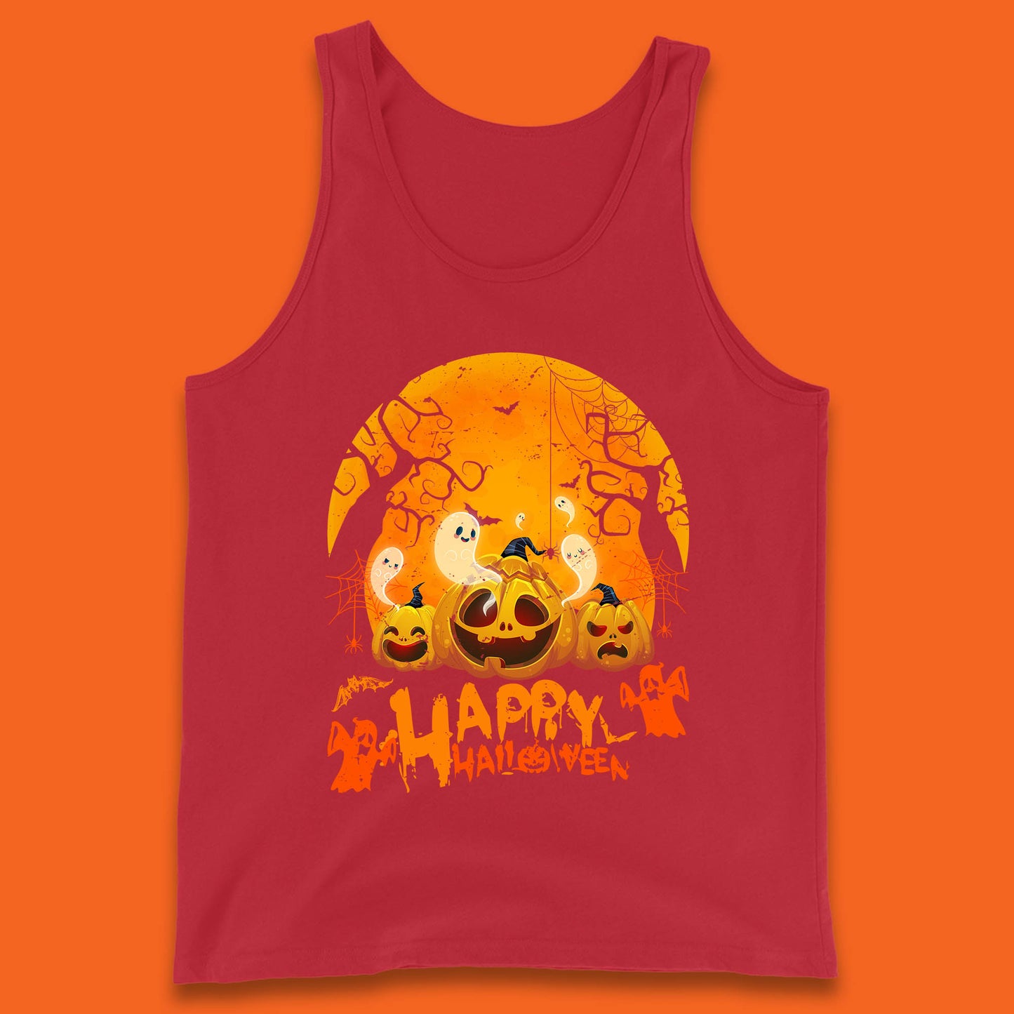Happy Halloween Jack O Lantern Pumpkins Scary Boo Ghost Haunted Trees Tank Top