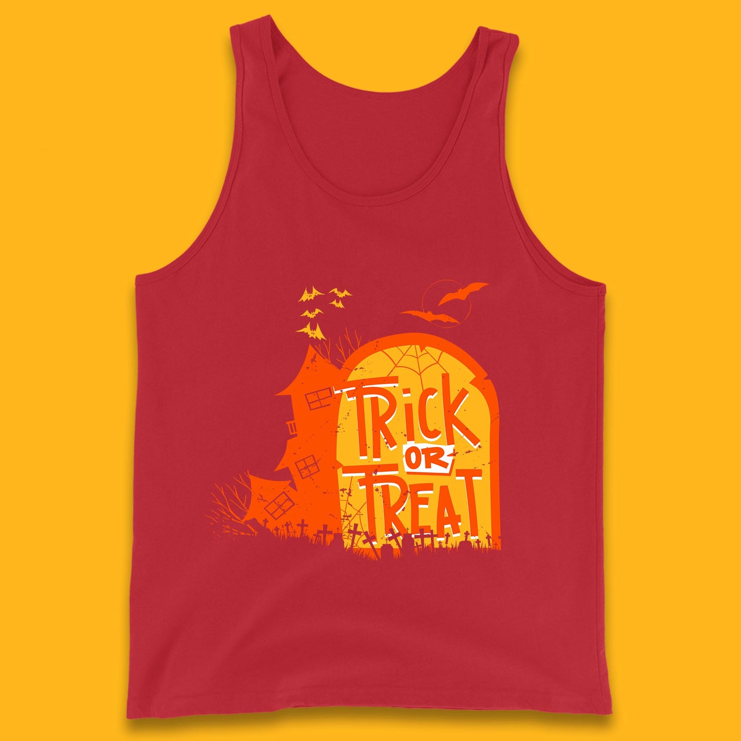 Trick Or Treat Halloween Terrific Abandoned Haunted House Flying Bats Tank Top