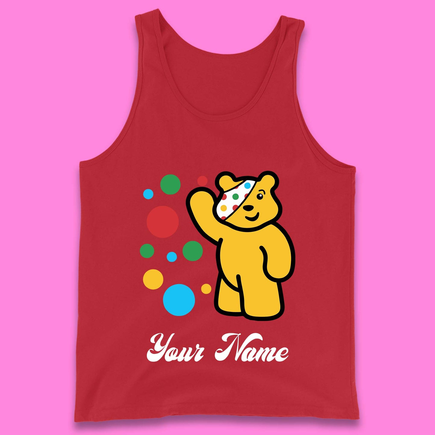 Personalised Spotty Pudsey Bear Hand Waving Dotty Spot Your Name Fundraising Spotty Bear Spotty Day Tank Top