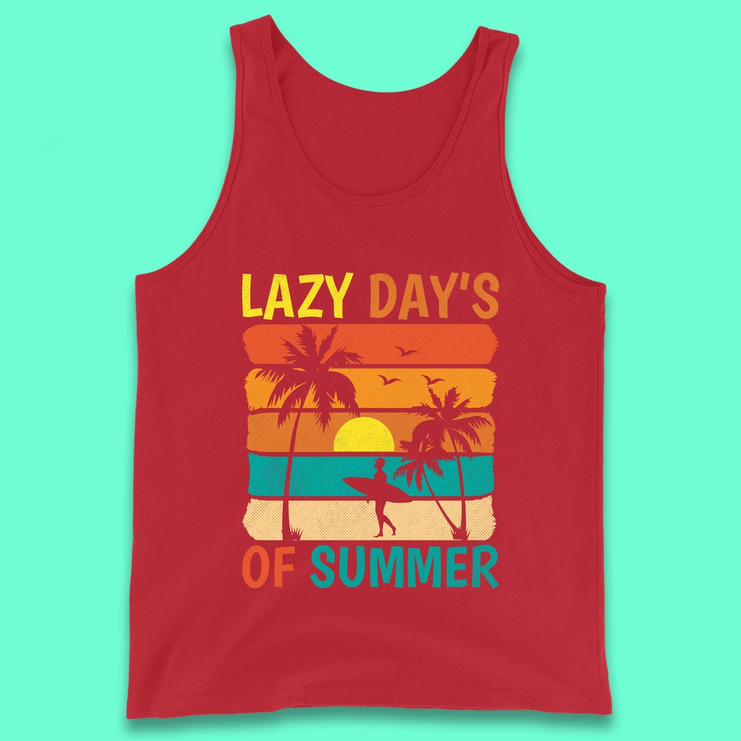 Lazy Days Of Summer Vintage Retro Sunset Surfer Beach Palm Trees Tank Top