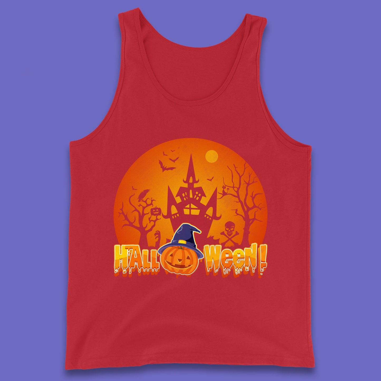 Halloween Pumpkin Witch Hat Haunted Castle Flying Bats Skull Bones Scary Dark Night Tank Top