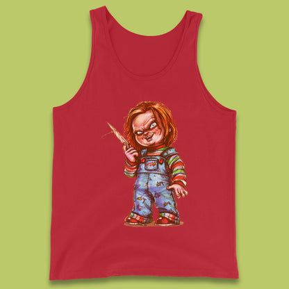 The Horror Movie Character Chucky With Knife Serial Killer Halloween Horror Movie Inspired Chucky Tank Top