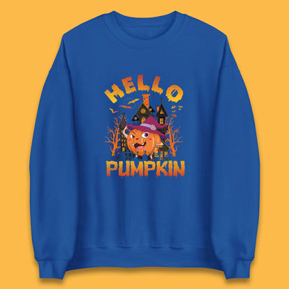 Hello Pumpkin Cartoon Halloween Pumpkin With Witch Hat Devil Smile Haunted Castle Unisex Sweatshirt