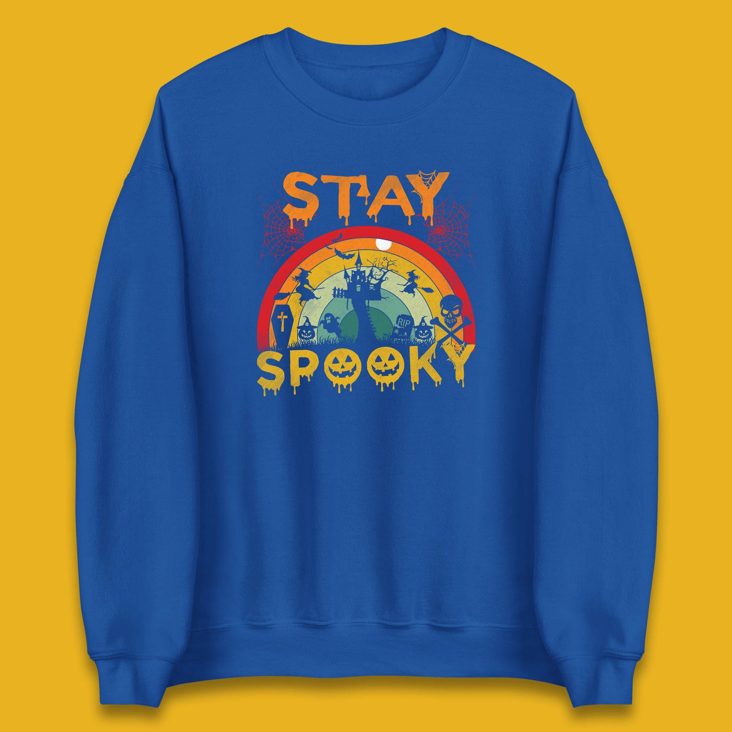 Stay Spooky Vintage Halloween Hunted House Dark Night Full Moon And Flying Bats Unisex Sweatshirt