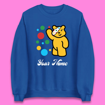 Personalised Spotty Pudsey Bear Hand Waving Dotty Spot Your Name Fundraising Spotty Bear Spotty Day Unisex Sweatshirt
