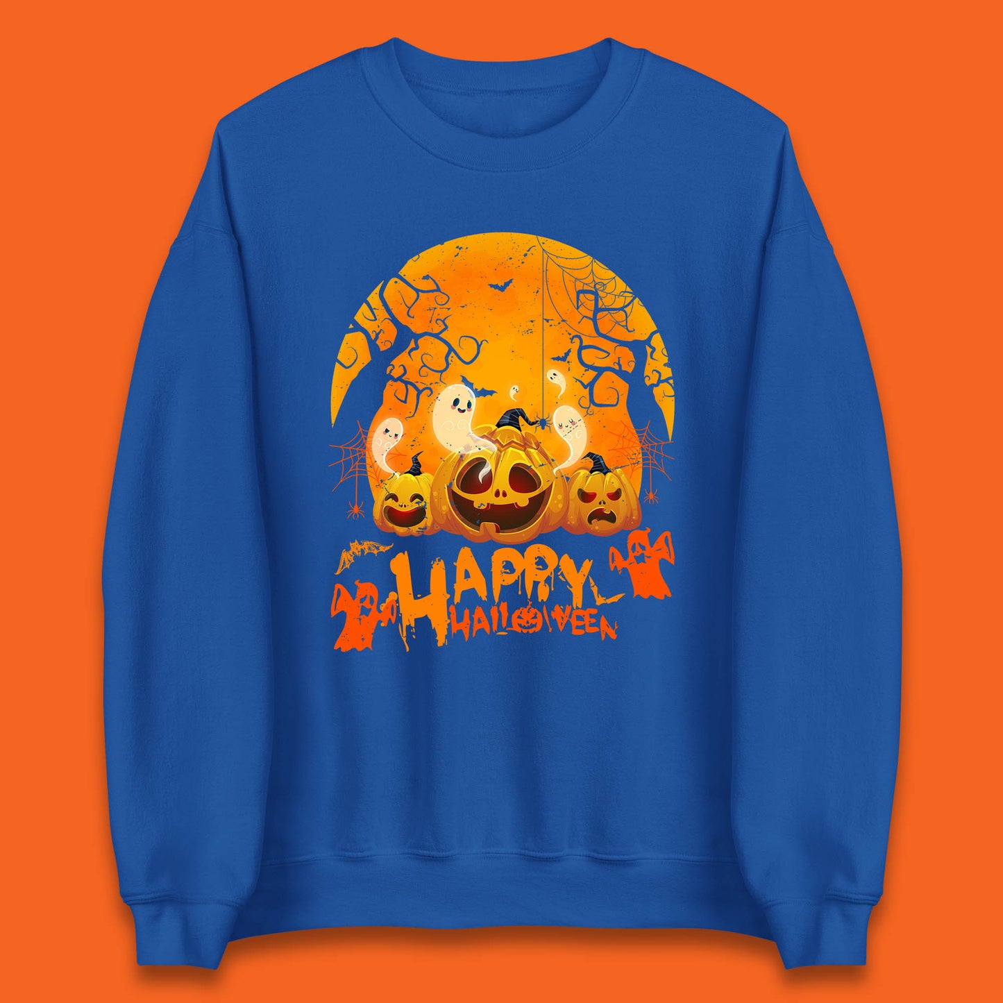 Happy Halloween Jack O Lantern Pumpkins Scary Boo Ghost Haunted Trees Unisex Sweatshirt
