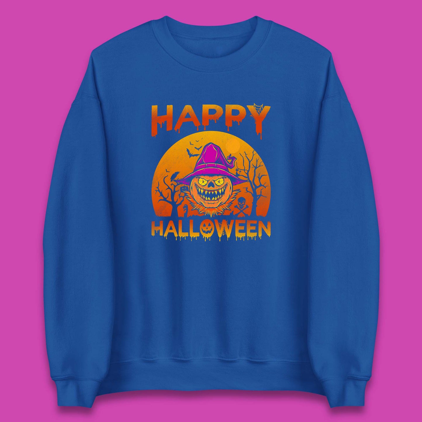 Happy Halloween Monster Pumpkin With Witch Hat Horror Scary Spooky Season Unisex Sweatshirt