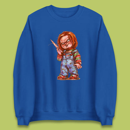 The Horror Movie Character Chucky With Knife Serial Killer Halloween Horror Movie Inspired Chucky Unisex Sweatshirt