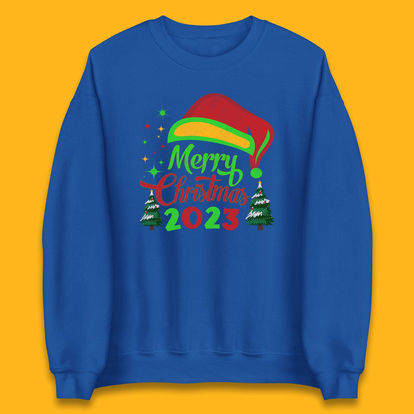Merry Christmas 2023 Elf Hat Christmas Trees Xmas Gift Unisex Sweatshirt