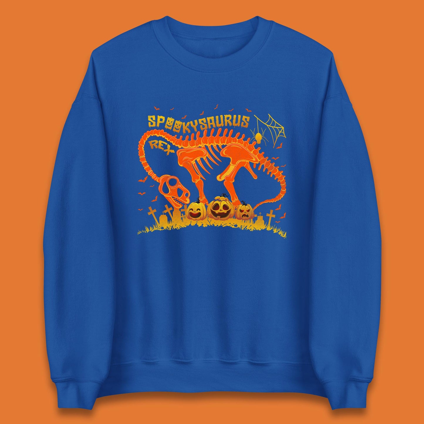 Spooky Saurus Rex Halloween Dinosaur T-Rex Skeleton With Scary Pumpkins Unisex Sweatshirt