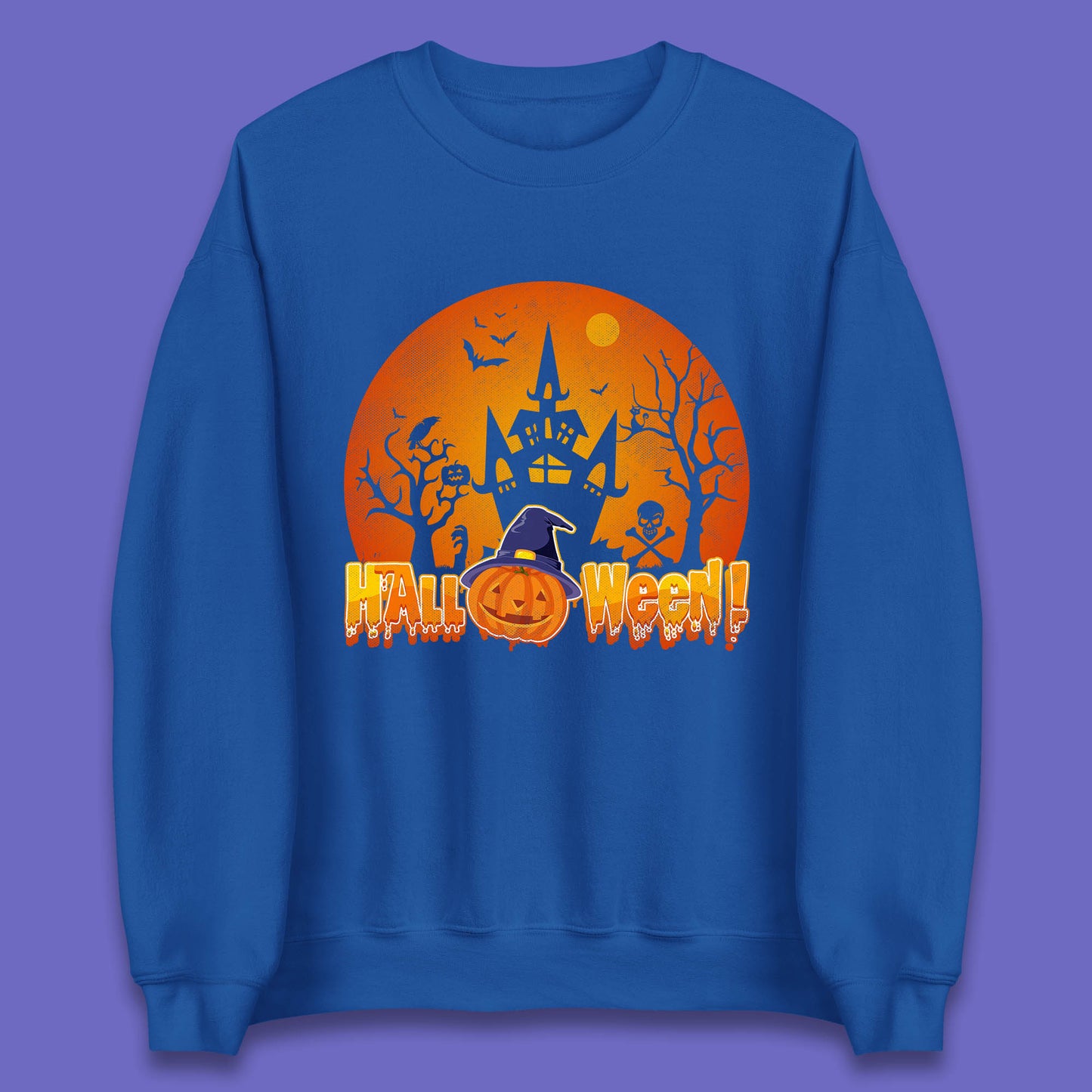 Halloween Pumpkin Witch Hat Haunted Castle Flying Bats Skull Bones Scary Dark Night Unisex Sweatshirt