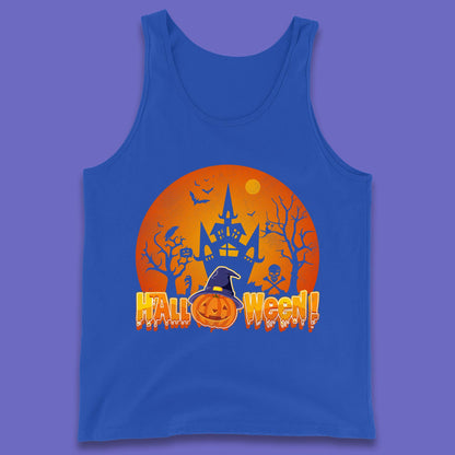 Halloween Pumpkin Witch Hat Haunted Castle Flying Bats Skull Bones Scary Dark Night Tank Top
