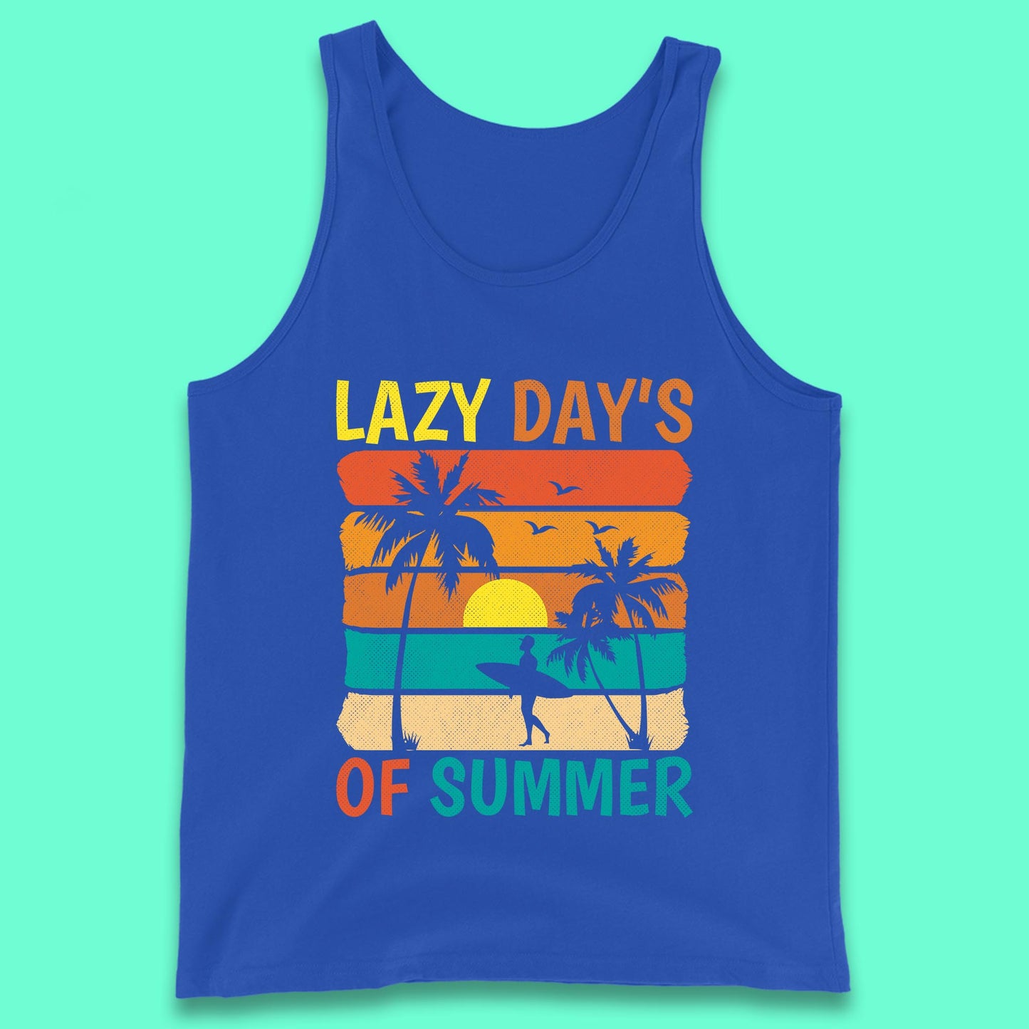 Lazy Days Of Summer Vintage Retro Sunset Surfer Beach Palm Trees Tank Top