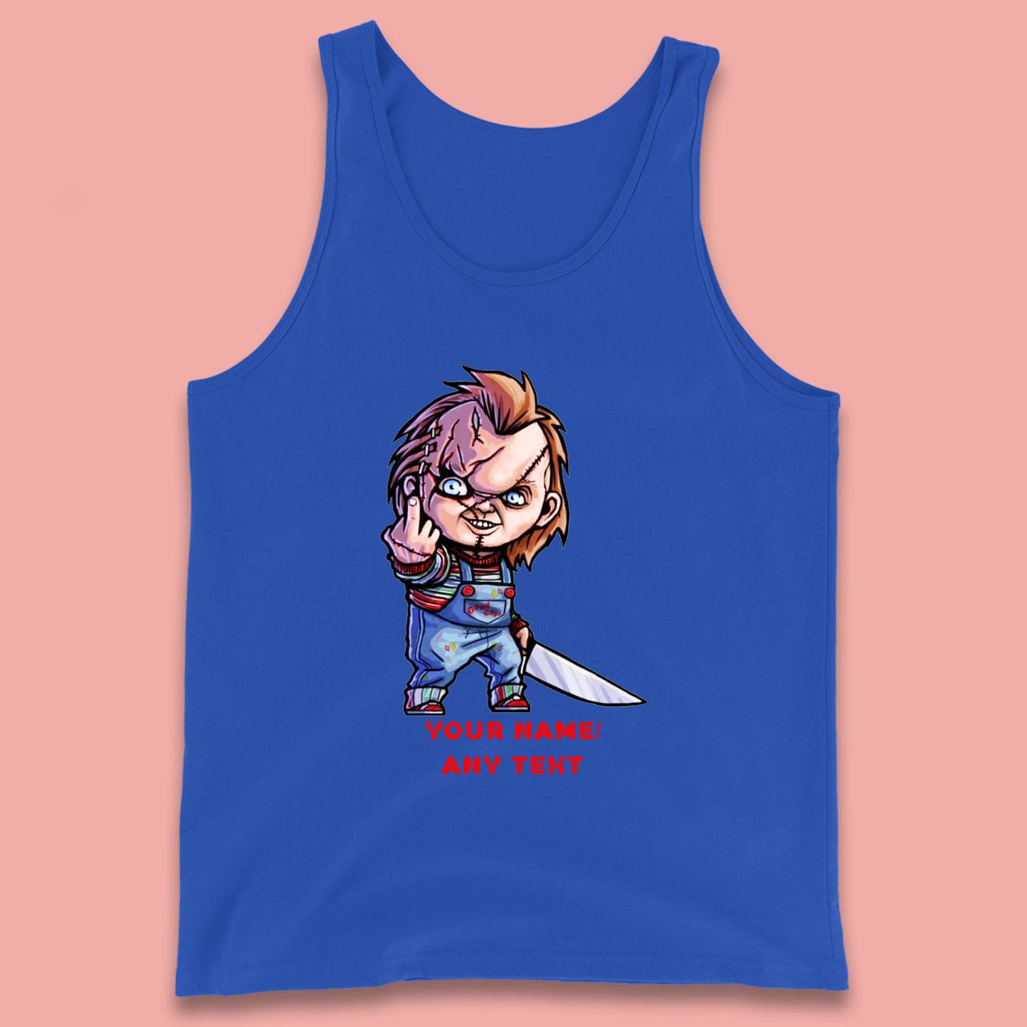 Personalised Chucky With Knife Your Name Or Text Halloween Horror Movie Character Tank Top